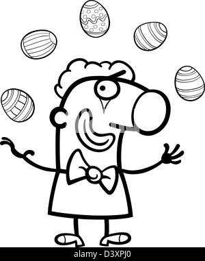 Schwarz und weiß Cartoon Illustration der lustige Mann im Clownskostüm jonglieren Ostereier für Coloring Book Stockfoto