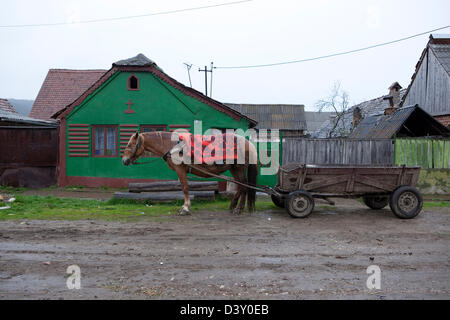 Targu Mures, Rumänien, Pferdekutsche vor einem Bauernhaus Stockfoto