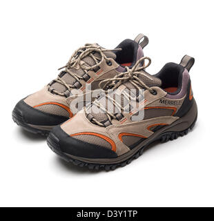 Ein paar brandneue leichte braune Merrell Wanderschuhe Stockfoto