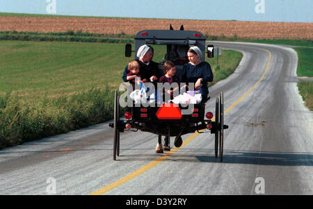 Pferdegespann mit Pennsylvania Dutch Familie Lancaster Pennsylvania Amish, Quaker, Pennsylvania Dutch, Kutsche, Pferd, Buggy, Stockfoto