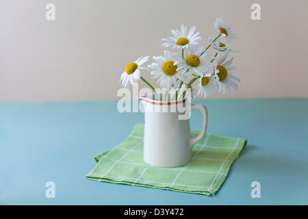 Weiße Margeriten mit gelben Zentren in einen kleinen Krug auf einer grünen überprüfen Serviette und blaue Tischplatte. Stockfoto