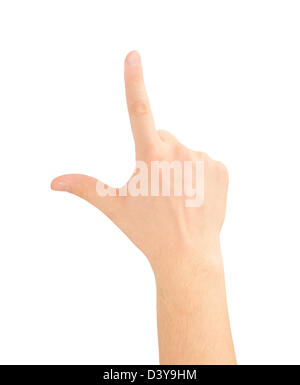 Hand, die zeigt, berühren oder drücken auf weiß isoliert. Kaukasischen Männchen. Stockfoto