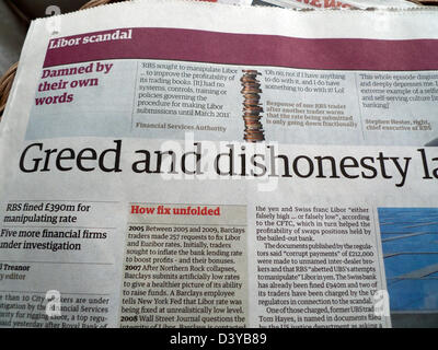 Libor-Skandal Guardian Schlagzeile "Gier und Unehrlichkeit" London England UK 6. Februar 2013 Stockfoto