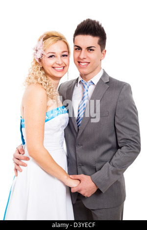 Porträt von glücklichen Hochzeitspaar, isoliert auf weißem Hintergrund. Stockfoto