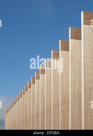 Bournville College in Birmingham, Vereinigtes Königreich. Architekt: Broadway Malyan Limited, 2011. Perspektive der Holzbalken. Stockfoto