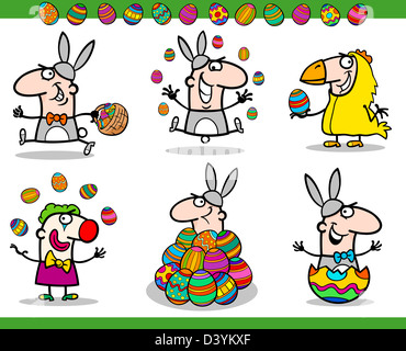 Cartoon-Illustration der glückliche Männer Ostern Themen mit gefärbten Eiern oder Küken, Hase und Huhn Stockfoto