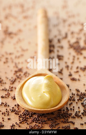 Löffel Senf und Senf Samen Stockfoto