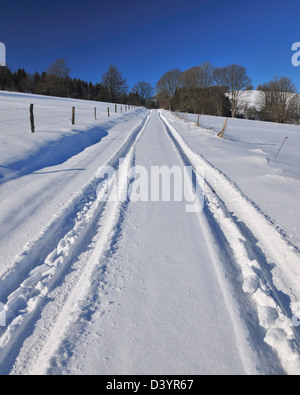 Auto Spuren im Schnee, Wustensachsen, Rhön Berge, Hessen, Deutschland Stockfoto