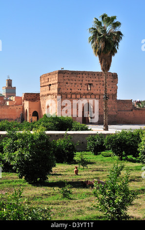 Ansicht der Koubba El Khamsiniya und versunkenen Gärten im historischen El Badii Palast, Marrakesch, Marokko Stockfoto