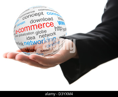 Transparente Kugel Wort e-Commerce in einer hand Stockfoto