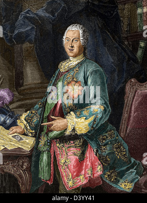 Heinrich von Brühl (1700-1763) zu zählen. Deutscher Staatsmann. Gravur der Universalgeschichte, 1885. Farbige Gravur. Stockfoto