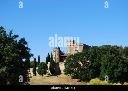 Alte Burg und Hügel-Landschaft in Lourmarin Dorf, Departement Vaucluse, Provence, Frankreich Stockfoto