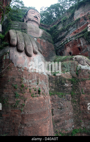 Es ist ein Foto von der größte Buddha-Statue in der Welt - 71 Meter. Leshan, Sichuan Provinz, China. Stockfoto