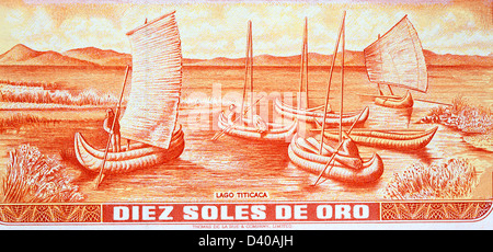 Segeln Sie Boote am Titicacasee von 10 Soles de Oro Banknote, Peru, 1976 Stockfoto