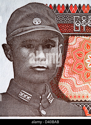 Porträt von 1 Kyat Banknote, General Aung San, Myanmar, 1990 Stockfoto