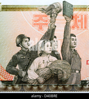 Soldat, Bäuerin mit Weizen, Partisanen mit Fackel, Mann mit Buch aus 50 Won-Banknote, Nordkorea, 1978 Stockfoto