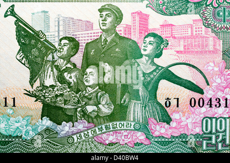 Soldat und Kinder von 1-Won-Banknote, Nordkorea, 1978 Stockfoto