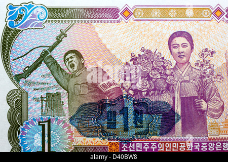 Soldat und Frau aus 1 Won-Banknote, Nordkorea, 1978 Stockfoto