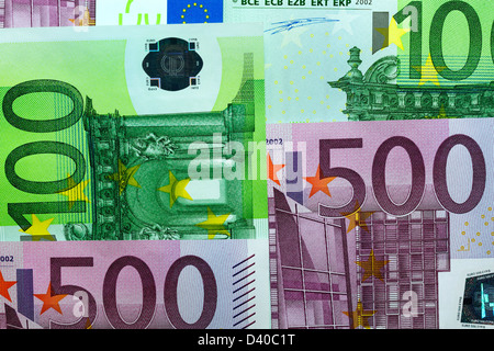 500 und 100-Euro-Banknoten, 2002 Stockfoto