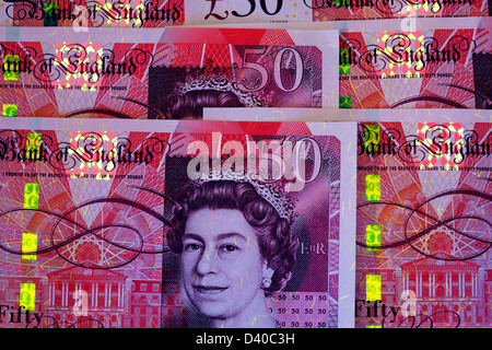 50-Pfund-Banknote unter UV-Licht, UK, 2010 Stockfoto