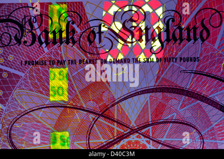 50-Pfund-Banknote unter UV-Licht, UK, 2010 Stockfoto