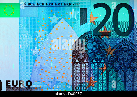 20 Euro-Banknote, gotische Architektur, 2002 unter UV-Licht Stockfoto