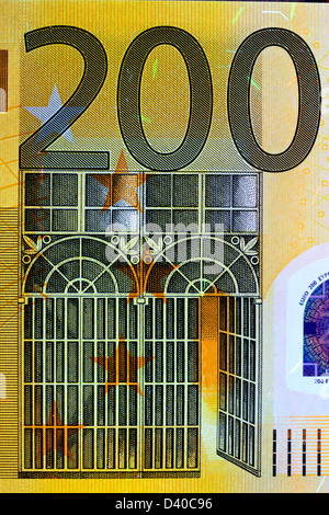 200 Euro-Banknote, Eisen- und Glasarchitektur, 2002 unter UV-Licht Stockfoto