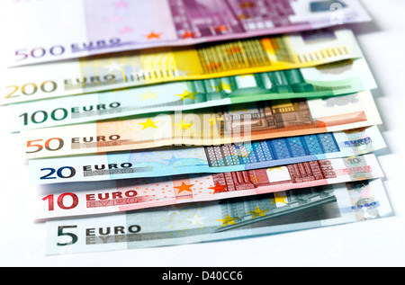 Euro-Banknoten der verschiedenen Konfessionen Stockfoto