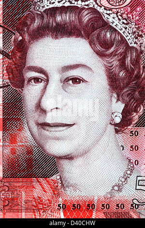 Porträt von Königin Elizabeth II von 50 Pfund Banknote, UK, 2010 Stockfoto