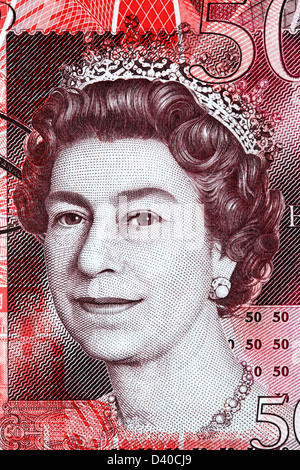 Porträt von Königin Elizabeth II von 50 Pfund Banknote, UK, 2010 Stockfoto