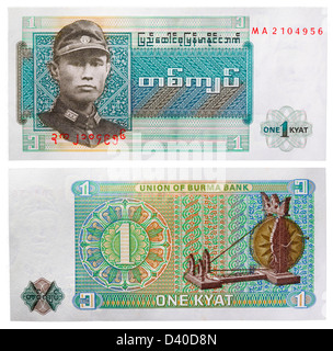 1 Kyat Banknote, General Aung San und Spinnrad, Burma, 1972 Stockfoto