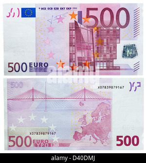 500 Euro-Banknote, moderne Architektur und Brücke, 2002 Stockfoto