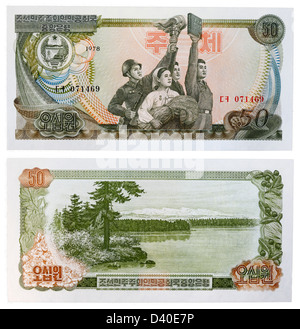 50 gewann Banknote, Soldat, Bäuerin mit Weizen, Partisanen mit Fackel, Mann mit Buch, Scene Lake, Nord Korea, 1978 Stockfoto