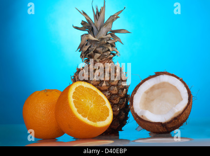 Ananas, Orange und Kokosnuss Stück closeup Stockfoto