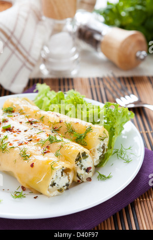 Cannelloni-Röhren gebacken im Ofen, Nahaufnahme Stockfoto