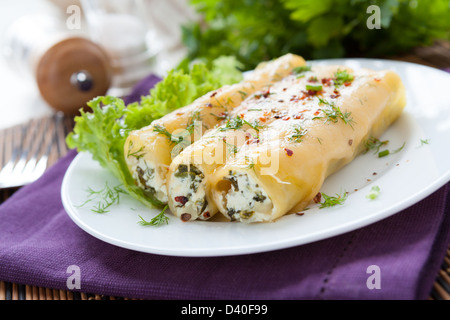 Tubuli Cannelloni mit Ricotta und Spinat, Nahaufnahme Stockfoto