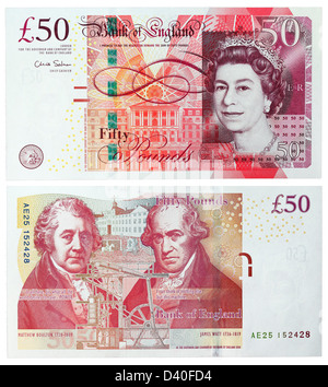 50-Pfund-Banknote, Königin Elizabeth II., James Watt und Matthew Boulton, UK, 2010 Stockfoto