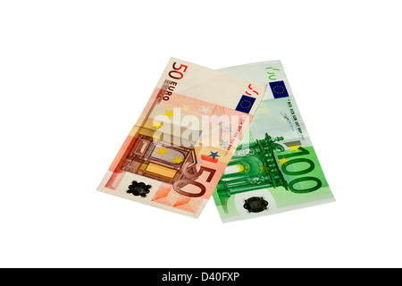 Geld auf einem weißen Hintergrund von 100 und 50 Euro Stockfoto