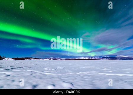 Spektakuläres Feuerwerk von intensiven Nordlicht oder Aurora Borealis über gefrorene Lake Laberge, Yukon Territorium, Kanada Stockfoto