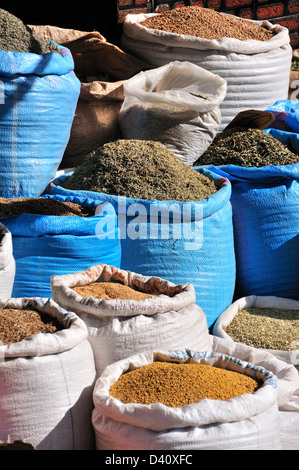 Säcke mit Kräuter und Gewürze zum Verkauf im Souk, Medina, Marrakesch (Marrakech) Marokko Stockfoto