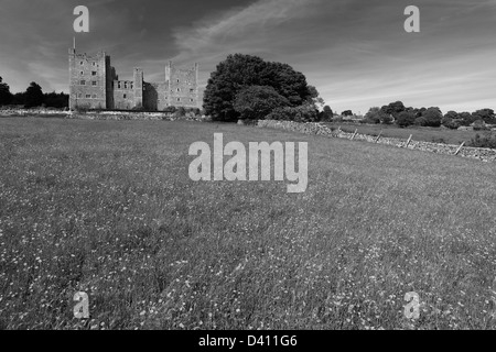 Blick über die Blumenwiese, Schloss Bolton Castle; Wensleydale; Yorkshire Dales National Park, England, Vereinigtes Königreich Stockfoto