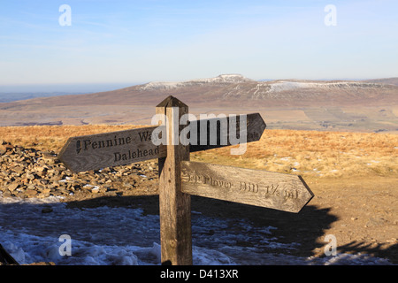 Ein Wegweiser auf dem Gipfel des Pen-y-Gent, eines der Yorkshire Dales drei Gipfel, ein weiterer Höhepunkt ist die Ingleborogh im Hintergrund. Stockfoto