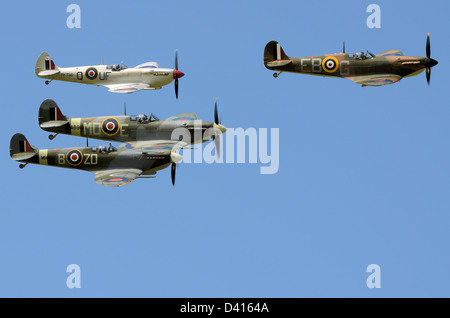 Supermarine Spitfire fliegen in blauem Himmel über England, wie sie es vielleicht im Zweiten Weltkrieg hatten. Kampfflugzeuge aus dem Zweiten Weltkrieg auf der Flugschau Stockfoto