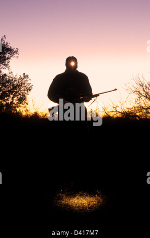 Texas Hirsche Jäger mit einer Stirnlampe, eine Blutspur in der Abenddämmerung zu folgen Stockfoto