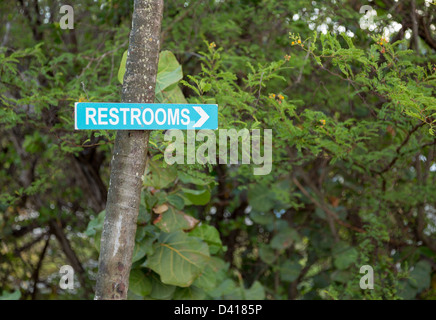 Blaues Schild weist Weg im Garten, Toiletten oder Toiletten Stockfoto