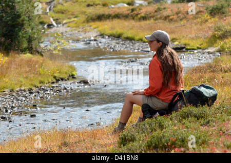 Frau anzustarren Gebirgsbach Rucksack unterwegs in Oregon Wallowa Mountains. Stockfoto