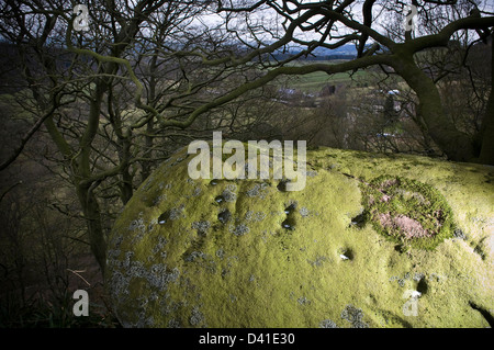 Prähistorische Felszeichnungen auf Rowtor Felsen, Birchover, Derbyshire, UK Stockfoto