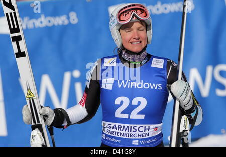 Garmisch, Deutschland. 1. März 2013. Julia Manusco aus den USA reagiert das letzte Gebiet bei der alpinen Ski-Weltcup Super G Frauen in Garmisch-Partenkirchen. Foto: Stephan Jansen/Dpa/Alamy Live News Stockfoto