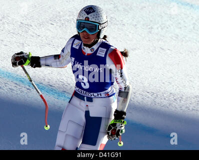 Garmisch, Deutschland. 1. März 2013. Tina Weirather aus Liechtenstein freut sich über das letzte Gebiet bei der alpinen Ski-Weltcup Super G Frauen in Garmisch-Partenkirchen. Foto: Stephan Jansen/Dpa/Alamy Live News Stockfoto