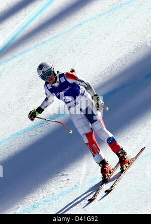 Garmisch, Deutschland. 1. März 2013. Tina Weirather aus Liechtenstein freut sich über das letzte Gebiet bei der alpinen Ski-Weltcup Super G Frauen in Garmisch-Partenkirchen. Foto: Stephan Jansen/Dpa/Alamy Live News Stockfoto